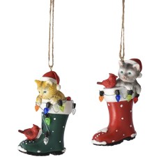 Cat In Santa Boot Ornaments 2 Piece Set