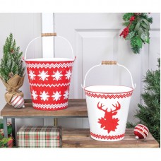 8.75-9.25" Metal & Wood Red & White Holiday Bucket 2 Piece Set