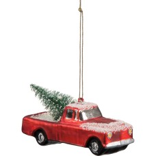 Glass Red Pickup Truck With Tree Ornament