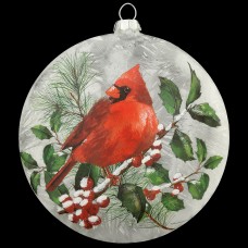 Cardinal On Branch Glass Disc Ornament