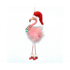 Pink Flamingo With Dangle Legs & Santa Hat Ornament