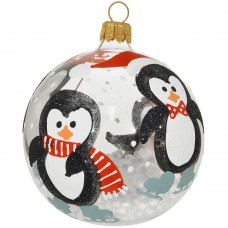 Glass Penguins With Snowballs Ball Ornament