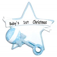 Personalizable Blue Baby's First Christmas Star With Rattle Ornament