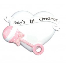 Personalizable Pink Baby's First Christmas Heart With Rattle Ornament