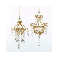 Gold Glitter Chandelier With Clear Jewel Drop Ornaments 2 Piece Set