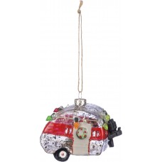 Glass Red & Silver Camper With Lights & Wreath Ornament