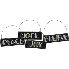 Black & White Snowy Rustic Wooden Peace, Noel, Joy, & Believe Text With Holly Ornaments Sets of 4