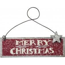 Metal Red & Silver Merry Christmas Text With Star & Snow Ornament