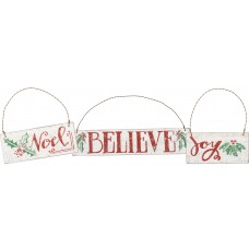 Red & White Noel, Believe, & Joy Sign With Holly Ornaments Set of 3